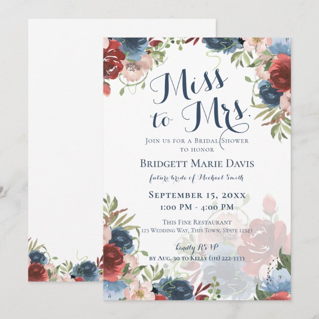 Convite Burgundy e Blue Floral Miss Bridal Showe (Frente/Verso)