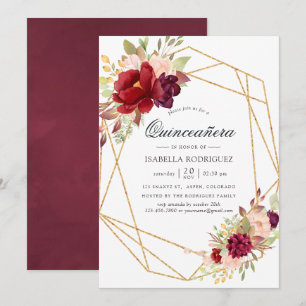 Convite Burgundy e Blush Boho Geométrico Quinceañera