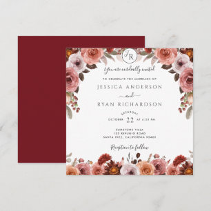 Convite Burgundy e Blush, Casamento Floral Elegante