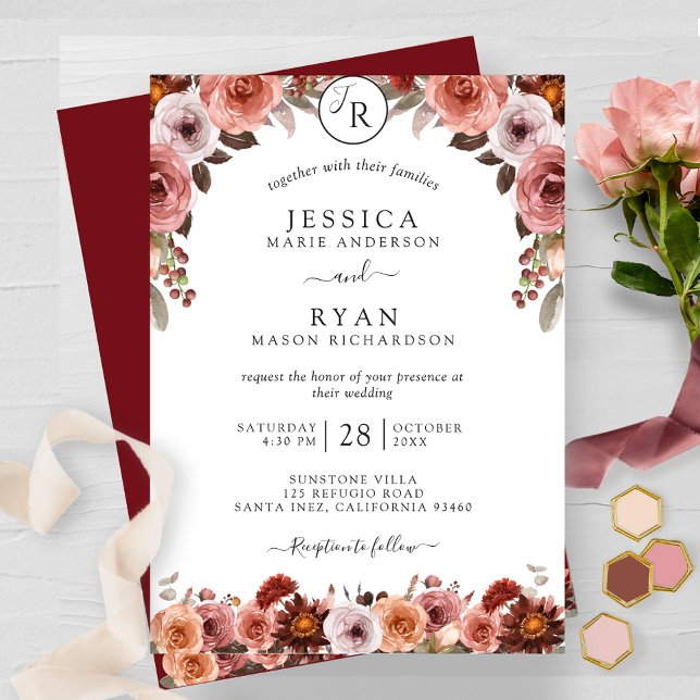 Convite Burgundy e Blush, Casamento Floral Monograma (Criador carregado)