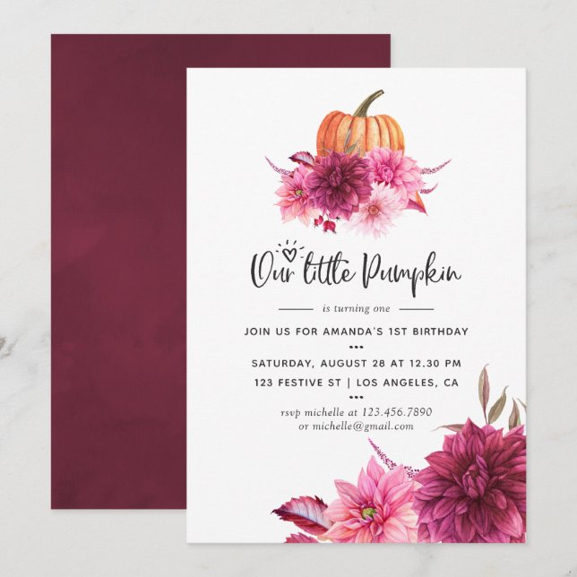 Convite Burgundy e Blush Outono Abóbora Aniversário (Frente/Verso)