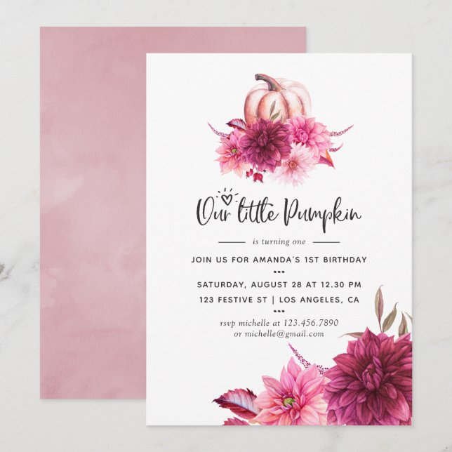 Convite Burgundy e Blush Outono Abóbora Aniversário (Frente/Verso)