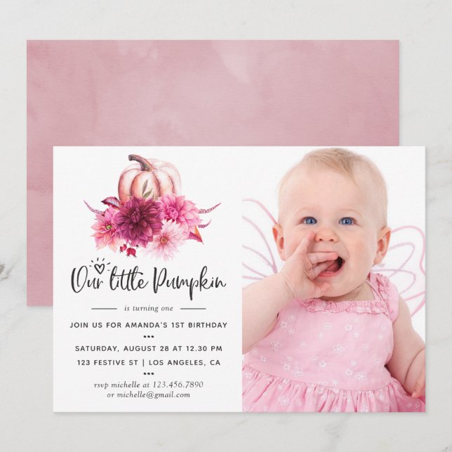 Convite Burgundy e Blush Outono Abóbora Aniversário (Frente/Verso)