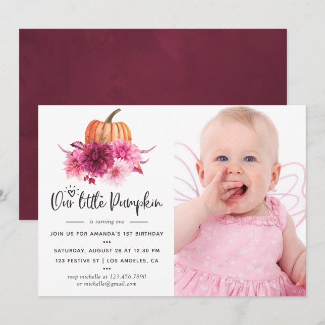 Convite Burgundy e Blush Outono Abóbora Aniversário (Frente/Verso)