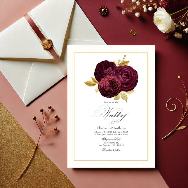 Convite Burgundy e Casamento Dourado de Rosa (Burgundy and Gold Rose Wedding Invitation)