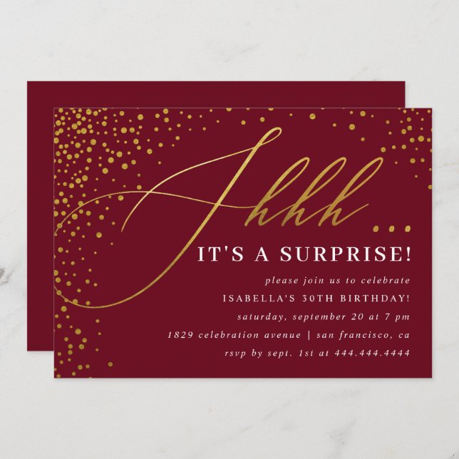 Convite Burgundy e Dourada Confetti Script Surprise Party (Frente/Verso)