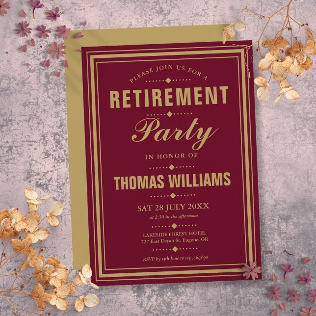 Convite Burgundy E Dourada Festa de Reforma Elegente Moder (Burgundy And Gold Modern Elegant Retirement Party Invitation)