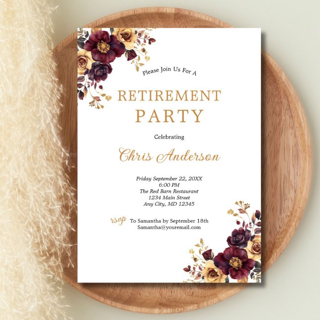 Convite Burgundy e Dourada Flaorista de Reforma Elegante (Burgundy Gold Watercolor Florals Retirement Party invitation for her. Printed or Digital)