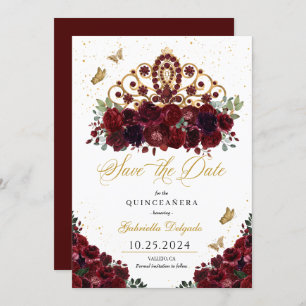 Convite Burgundy e Dourada Tiara Salvem A Data Quinceañera