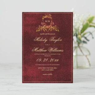 Convite Burgundy e Dourado Brasão Floral de Casamento Eleg