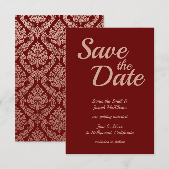 Convite Burgundy e Dourado Rosa Damask Save the Date (Frente/Verso)