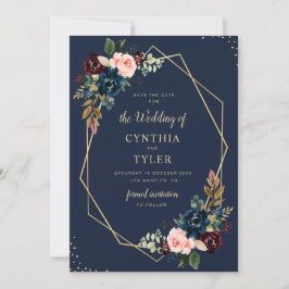 Convite burgundy e marinho azul geométrico salvar a data