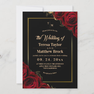 Convite Burgundy e preto ⎮ Rosa Vermelha Casamento Moderno