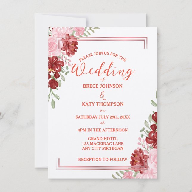 Convite Burgundy e Rosa sobre Casamento Floral Elegante Br (Frente)