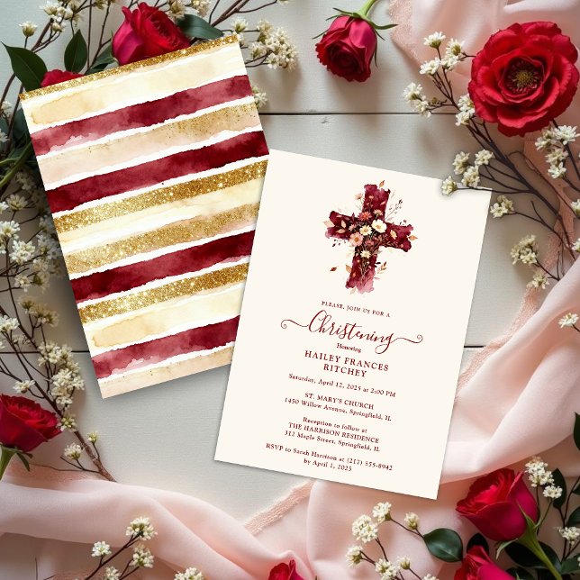Convite Burgundy Elegant Glitter Floral Cross Baptism (Burgundy Elegant Glitter Effect Floral Cross Christian Baptism Invitation Card Design.)