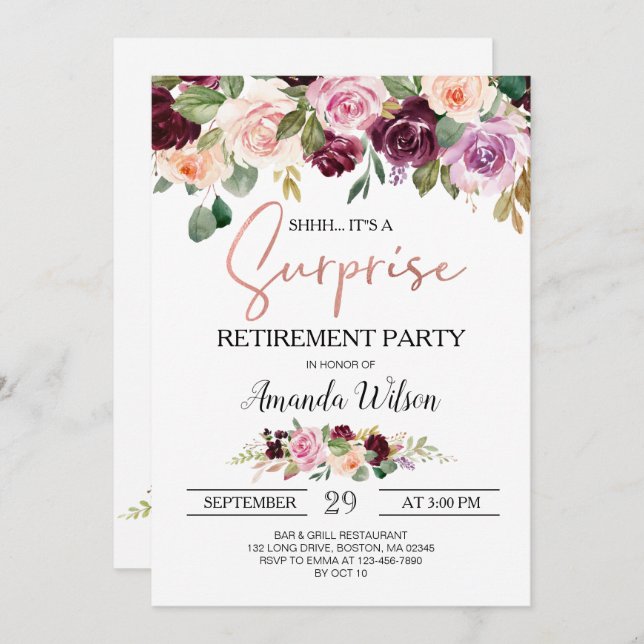 Convite Burgundy Elegant Script Surpresa Party  (Frente/Verso)