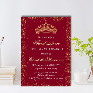 Convite Burgundy Elegante Glitter Dourada Coroa Doce 16 Di