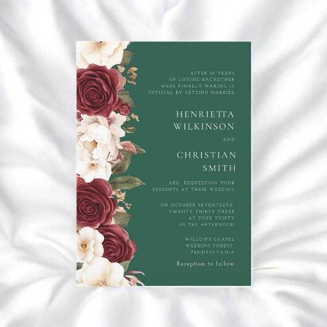 Convite Burgundy emerald green Floral Wedding Invitation (Criador carregado)
