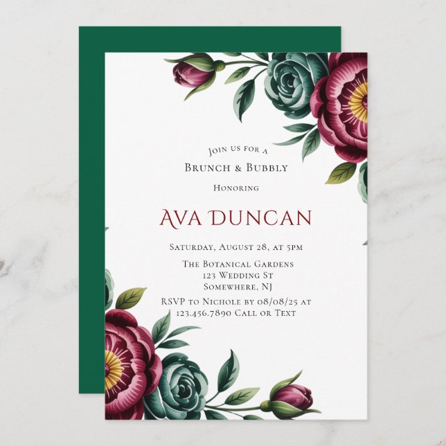 Convite Burgundy & Emerald Peony Winter Brunch & Bubble (Frente/Verso)