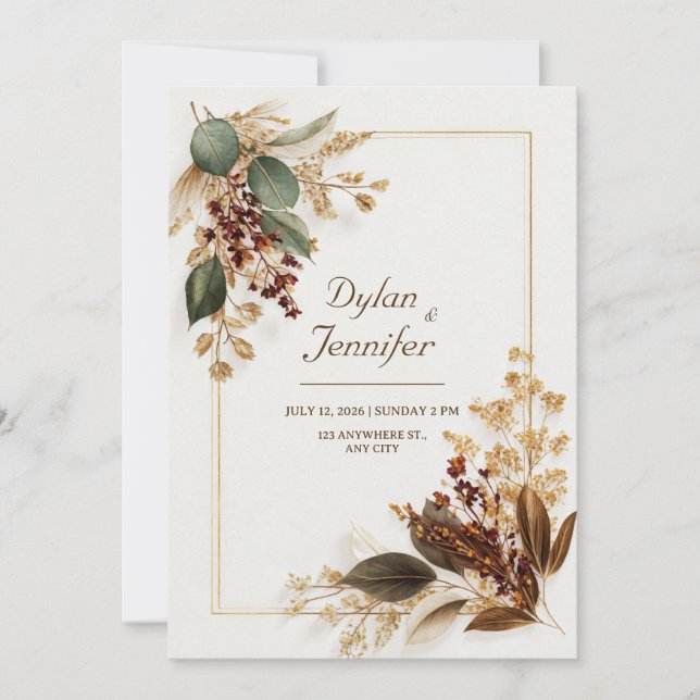 Convite Burgundy Eucalyptus Gold Dried Floral Wedding (Frente)