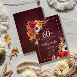 Convite Burgundy Fall Flowers Elegante Script 60º Aniversá<br><div class="desc">Lindas flores de outono decoram dois cantos de um quadro de ouro. Rosas vermelhas,  flores de terracotta e peões brancos misturam-se com folhas verdes e folhagem. As flores e o pop branco moderno contra o fundo vermelho burgundy. Este item faz parte da coleção Flores de Quedas de Borgonha.</div>