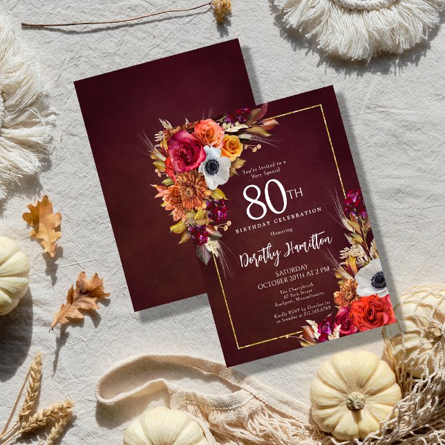 Convite Burgundy Fall Flowers Elegante Script 80 Birthday (Elegant Fall Flowers on a Burgundy Background Create a Dramatic Autumn birthday invitation)