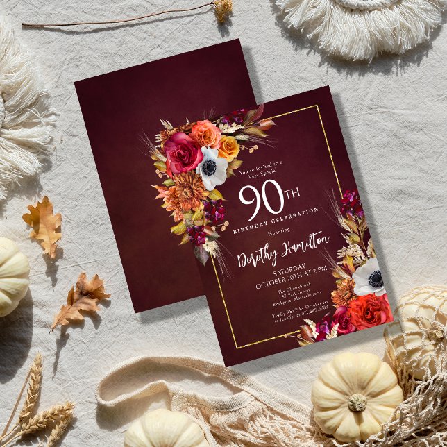 Convite Burgundy Fall Flowers Elegante Script 90 Birthday (Criador carregado)