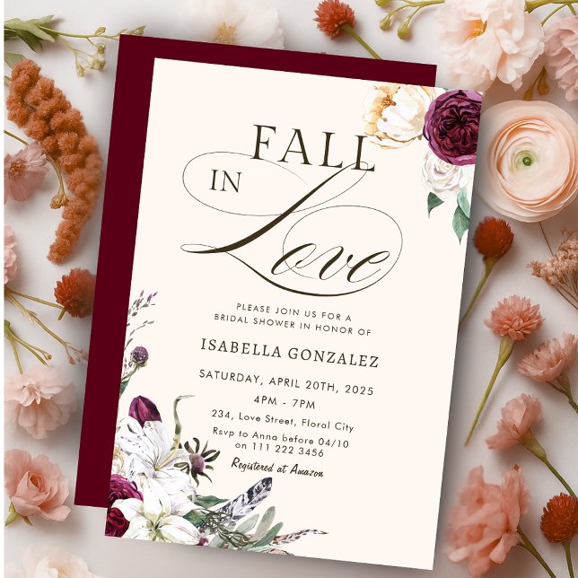 Convite Burgundy Fall in Love Autumn Chá de panela (Burgundy Fall in Love Autumn Bridal Shower Invitation)