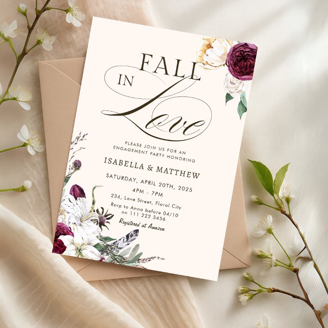Convite Burgundy Fall in Love Autumn Festa de noivado (Burgundy Fall in Love Autumn Engagement Party Invitation)