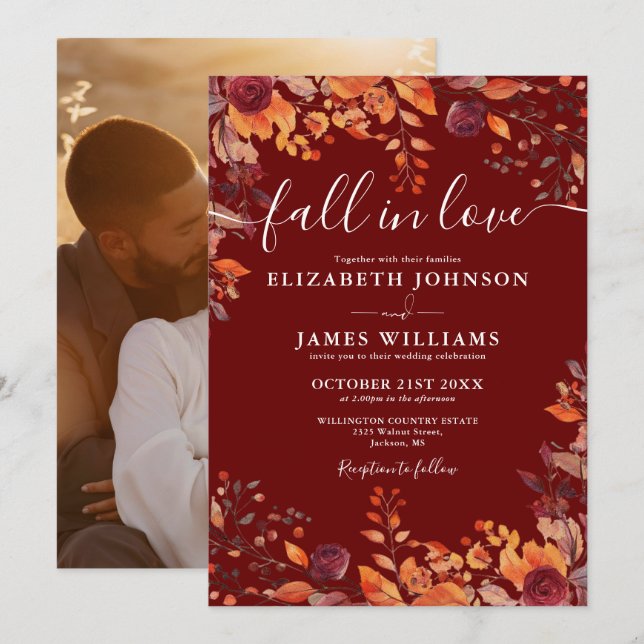 Convite Burgundy Fall In Love Autumn Floral Photo Wedding (Frente/Verso)