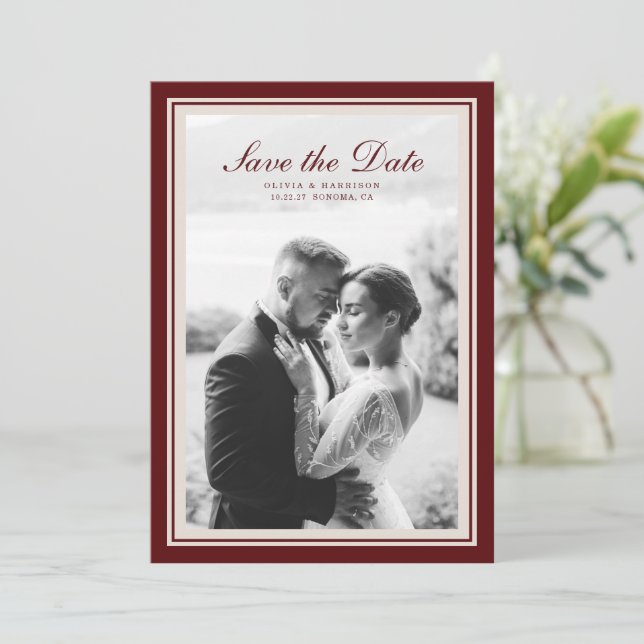 Convite Burgundy Fall Photo Save the Date Card (Em pé/Frente)