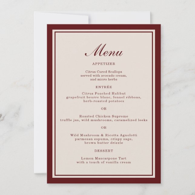 Convite Burgundy Fall Wedding Menu Card (Frente)