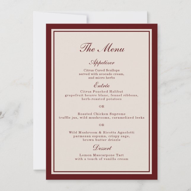 Convite Burgundy Fall Wedding Menu Card (Frente)