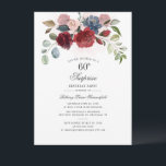 Convite Burgundy Floral 60ª Festa de aniversário<br><div class="desc">Floral Greenery 60th Birthday Burgundy Convite de festas que você pode personalizar facilmente com os detalhes de sua festa clicando no botão "Personalizar". Apresentando flores modernas e buquês verdes suculentos e guiando a tipografia moderna. Perfeito para um convite de festas surpresa para qualquer celebração de marco</div>