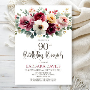 Convite Burgundy Floral 90 Birthday Brunch