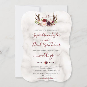 Convite Burgundy Floral Antlers Calliografia Casamento Mar