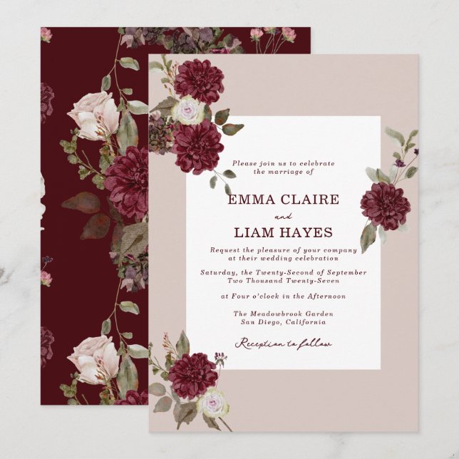 Convite Burgundy Floral Autumn Wedding Invitation (Frente/Verso)