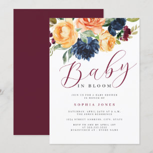 Convite Burgundy Floral Azul Marinho Bebê em Flor Bebê Chá