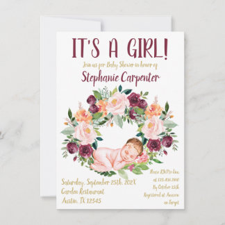 Convite Burgundy Floral Baby Girl