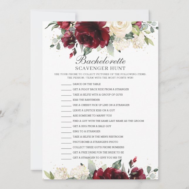 Convite Burgundy Floral Bachelorette Scavenger Hunt (Frente)