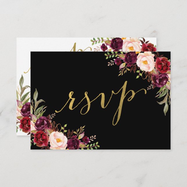 Convite Burgundy Floral Black Faux Gold Foil Wedl RSVP (Frente/Verso)