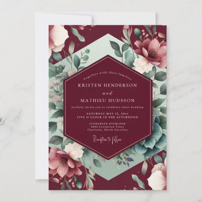 Convite Burgundy Floral Bloom Romance Wedding (Frente)