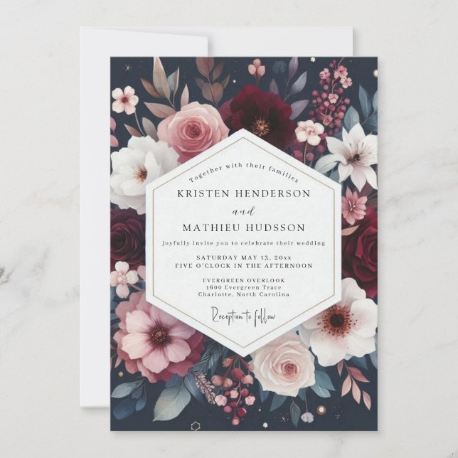 Convite Burgundy Floral Bloom Wedding (Frente)