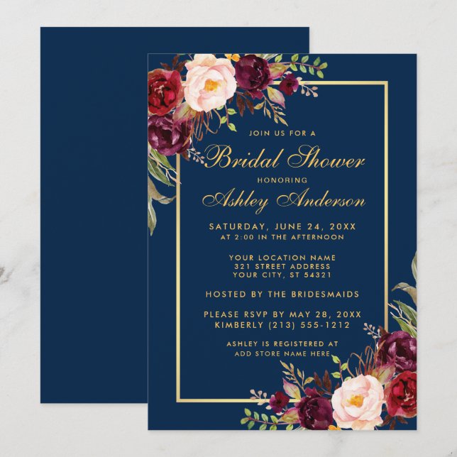 Convite Burgundy Floral Blue Dourado Invite (Frente/Verso)
