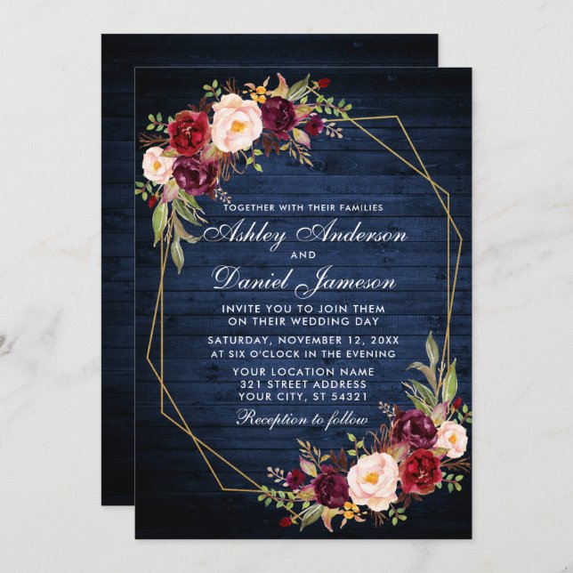 Convite Burgundy Floral Blue Wood Foto Geométrica (Frente/Verso)