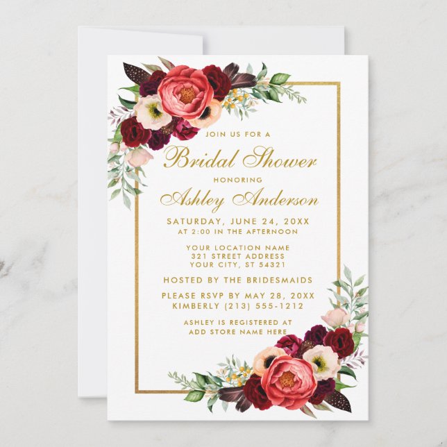 Convite Burgundy Floral Boho Chá de panela Dourado Invite  (Frente)