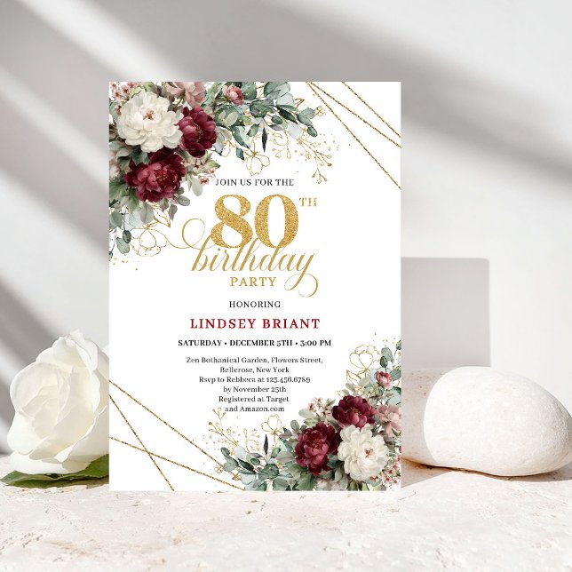 Convite Burgundy Floral Boho Greenery 80th Birthday (Burgundy Floral Boho Greenery 80th Birthday)