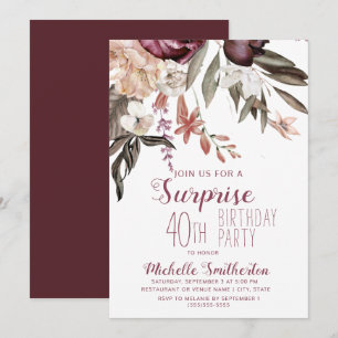 Convite Burgundy Floral Boho Vintage aniversário de 40 an