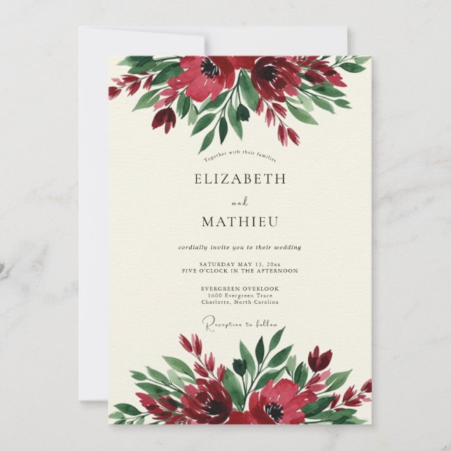 Convite Burgundy Floral Botanical Wedding (Frente)