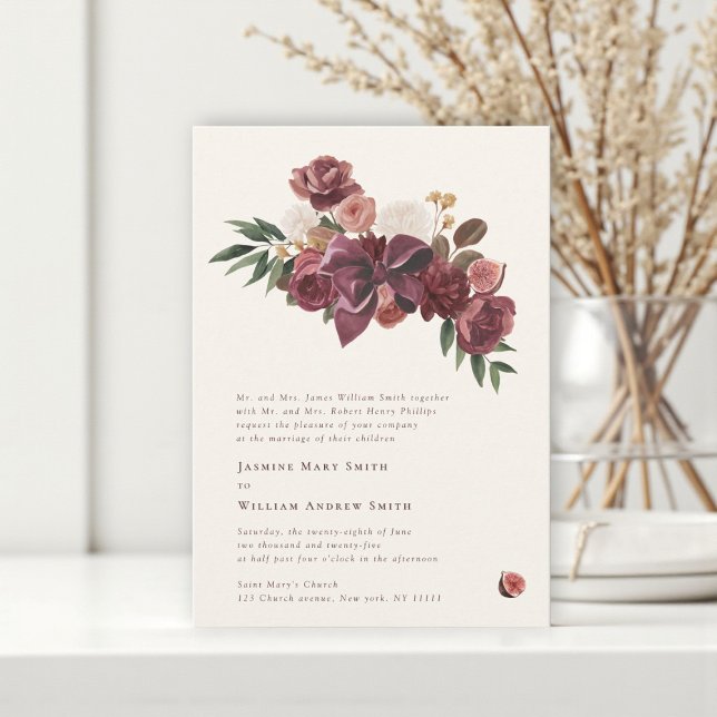 Convite Burgundy Floral Botanical Wedding Invitation (Criador carregado)
